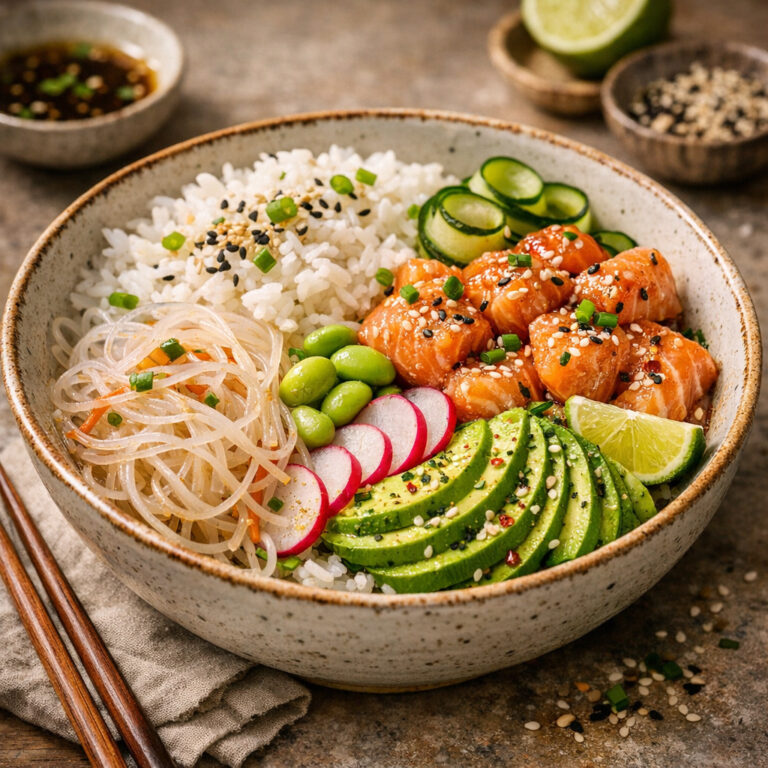Avocado-Lachs-Bowl mit Reis & Glasnudeln