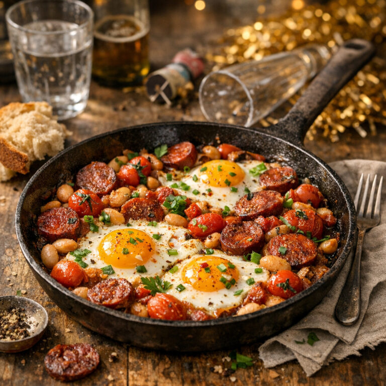 Deftige Frühstückspfanne: Chorizo-Ei-Pfanne mit Bohnen und Tomaten