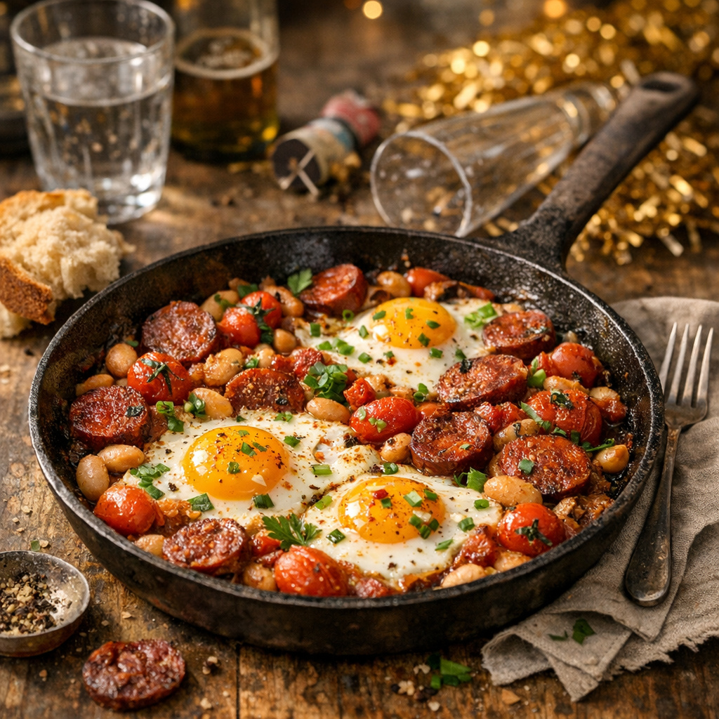 Deftige Frühstückspfanne: Chorizo-Ei-Pfanne mit Bohnen und Tomaten