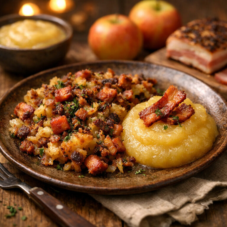 Dibbelabbes mit Apfelmus un Speck