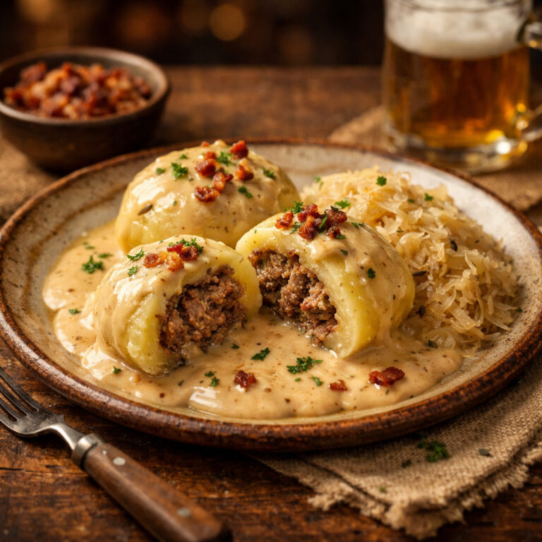 Gefillde (Gefüllte Klöße) mit Rahmsoß un Sauerkraut
