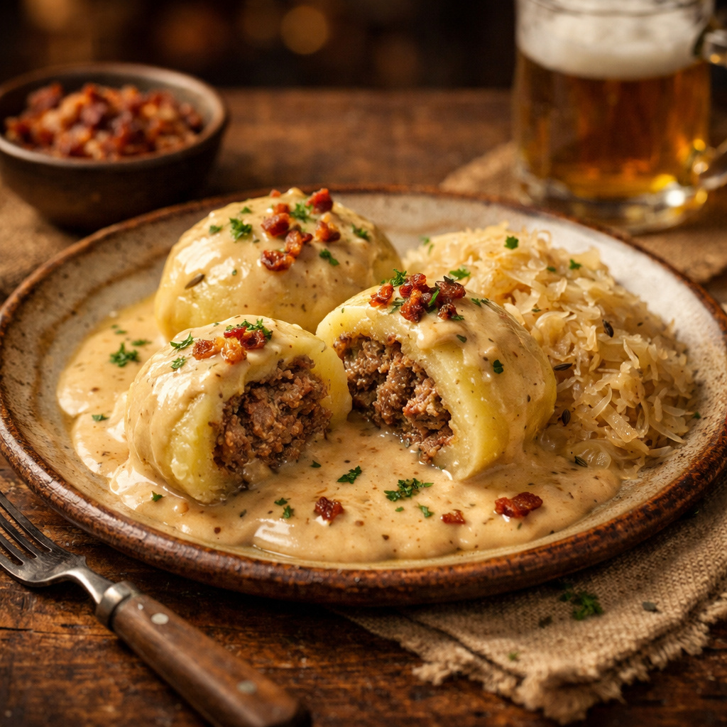Gefillde (Gefüllte Klöße) mit Rahmsoß un Sauerkraut