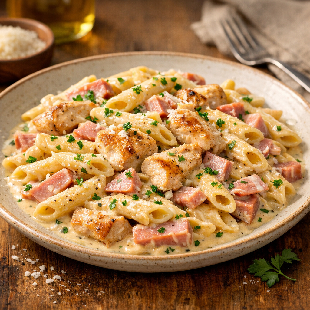 Hähnchen-Schinken-Nudelpfanne in cremiger Sauce