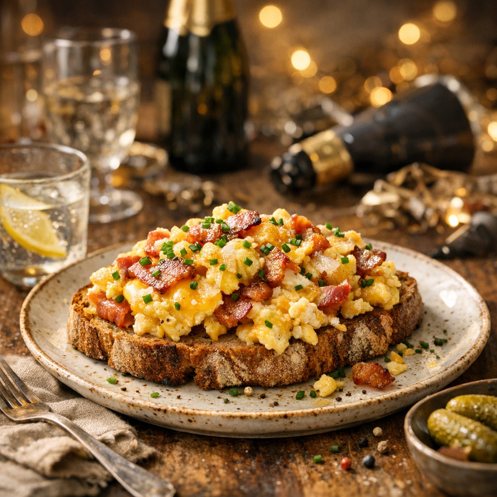 Katerfrühstück am Neujahrsmorgen: Speck-Käse-Rührei auf Bauernbrot