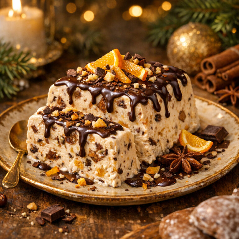 Lebkuchen-Semifreddo mit Orange und Zartbitterschokolade