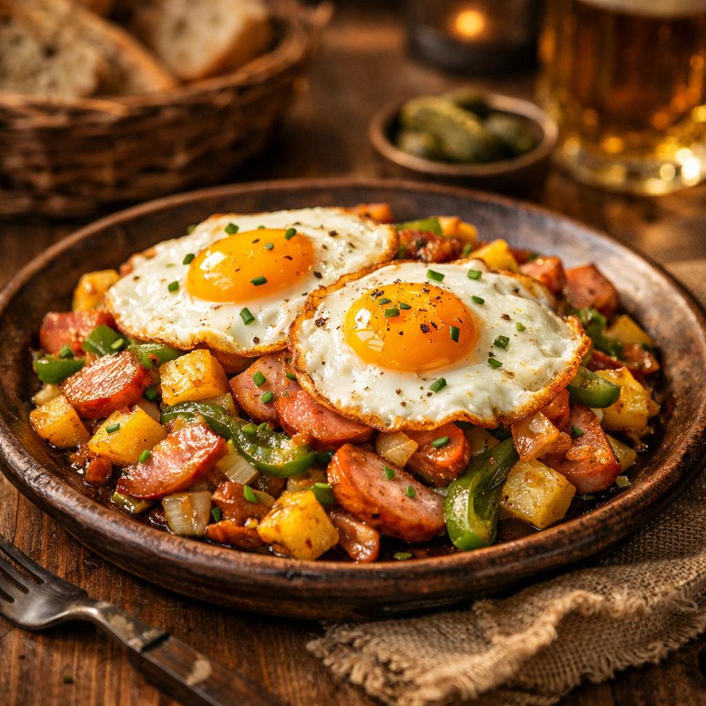 Lyonerpfanne „Saarbrigger Art“ mit Spiegeleier