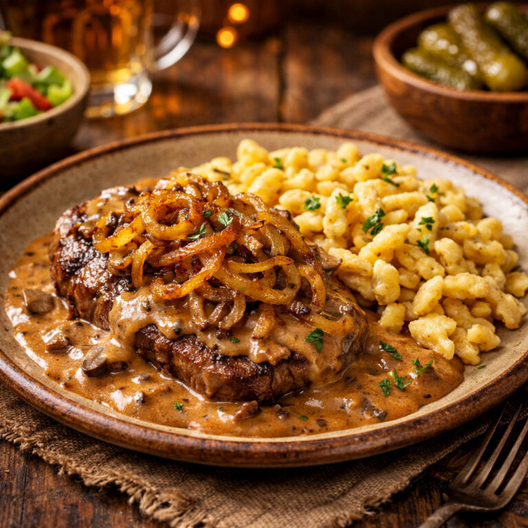 Saarbrigger Zwiwwelrostbraten mit Rahmsoß un Spätzle