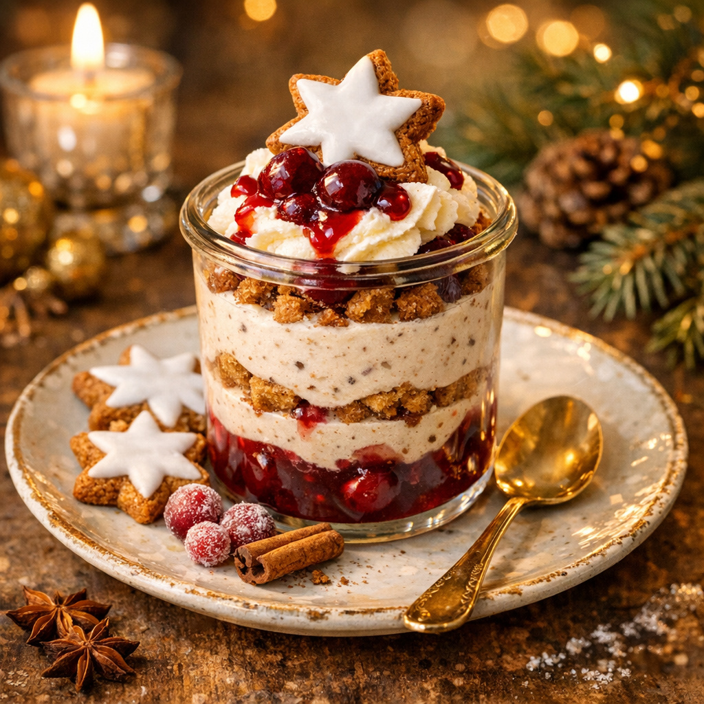Zimtstern-Parfait im Glas mit Kirschgrütze – festlich & vorbereitbar