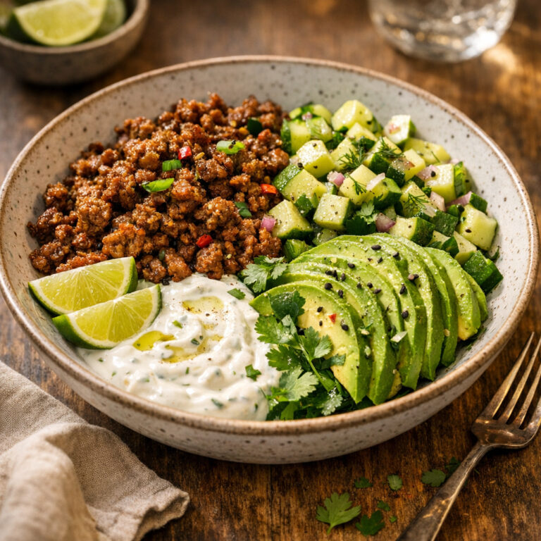 Rinderhack-Avocado-Gurken-Bowl mit Limetten-Joghurt